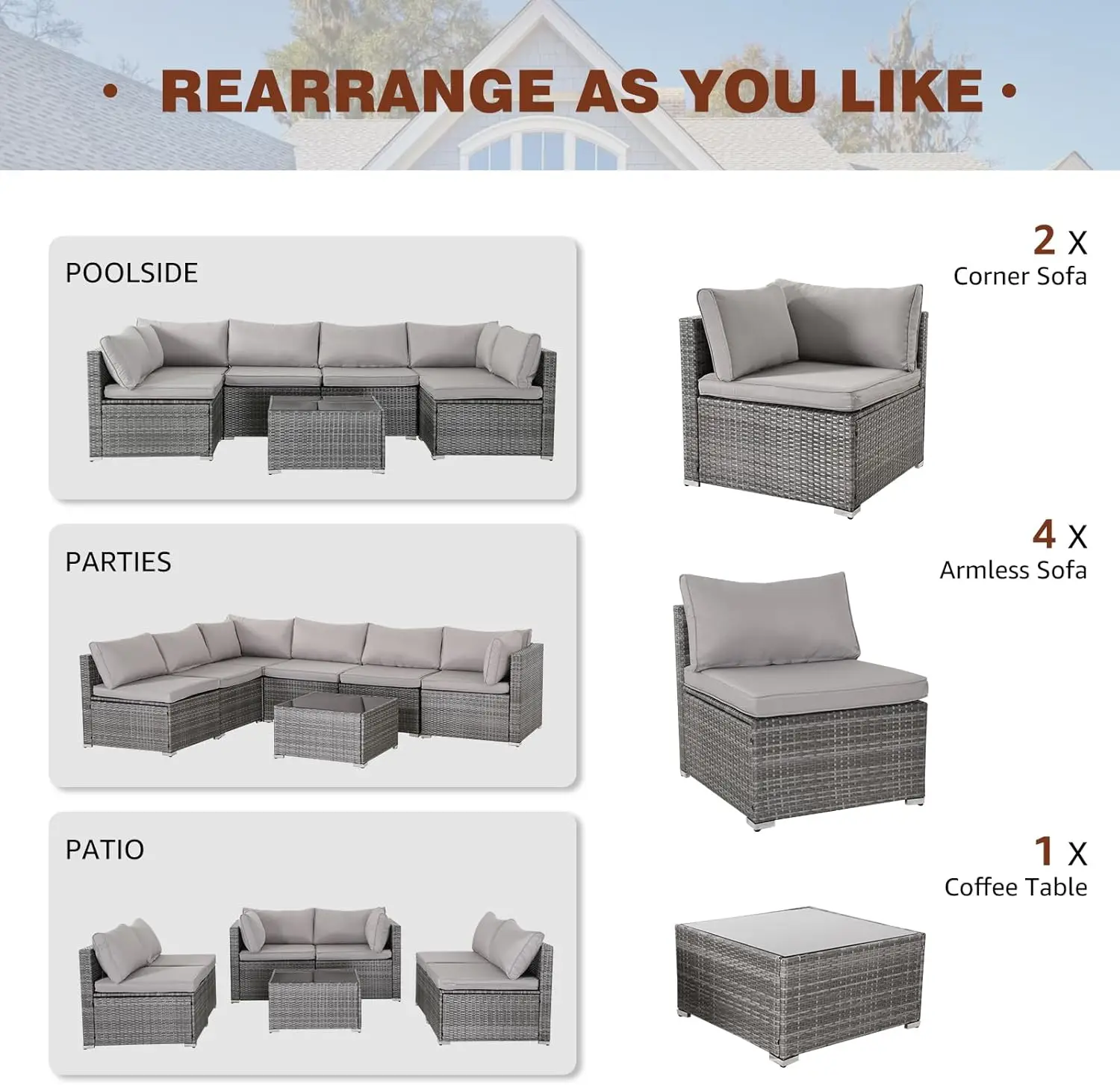 Set furnitur teras 7 buah, Set perabot teras Modular Set anyaman luar ruangan Sofa anyaman PE rotan Set percakapan teras dengan