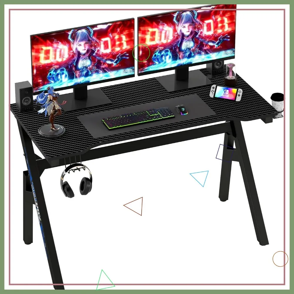 47x23 Gaming Desk with Cup Holder & Headphone Hook, Ergonomic Carbon Fiber Surface for Home Office Workstation