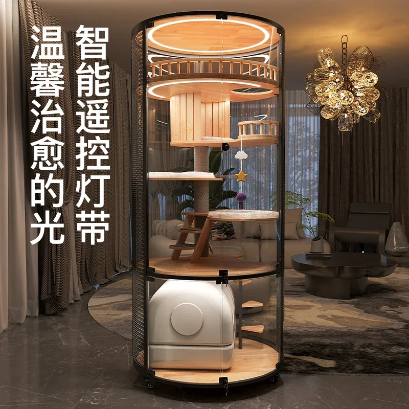 Cat villa, luxury 360 panoramic cat cage, house solid wood, steel and glass can be placed in smart cat toilet