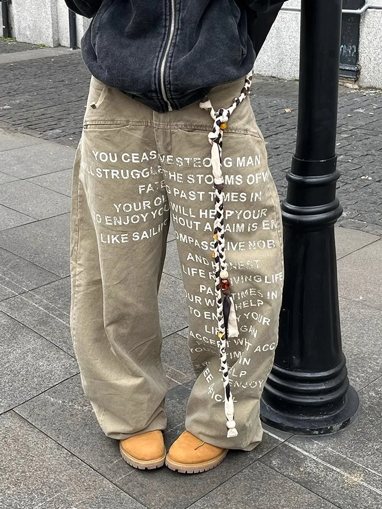 

Женские мешковатые джинсы цвета хаки Y2k, уличная одежда в японском стиле 2000-х годов, джинсовые брюки, винтажные джинсовые брюки в стиле Харадзюку с буквенным принтом, одежда