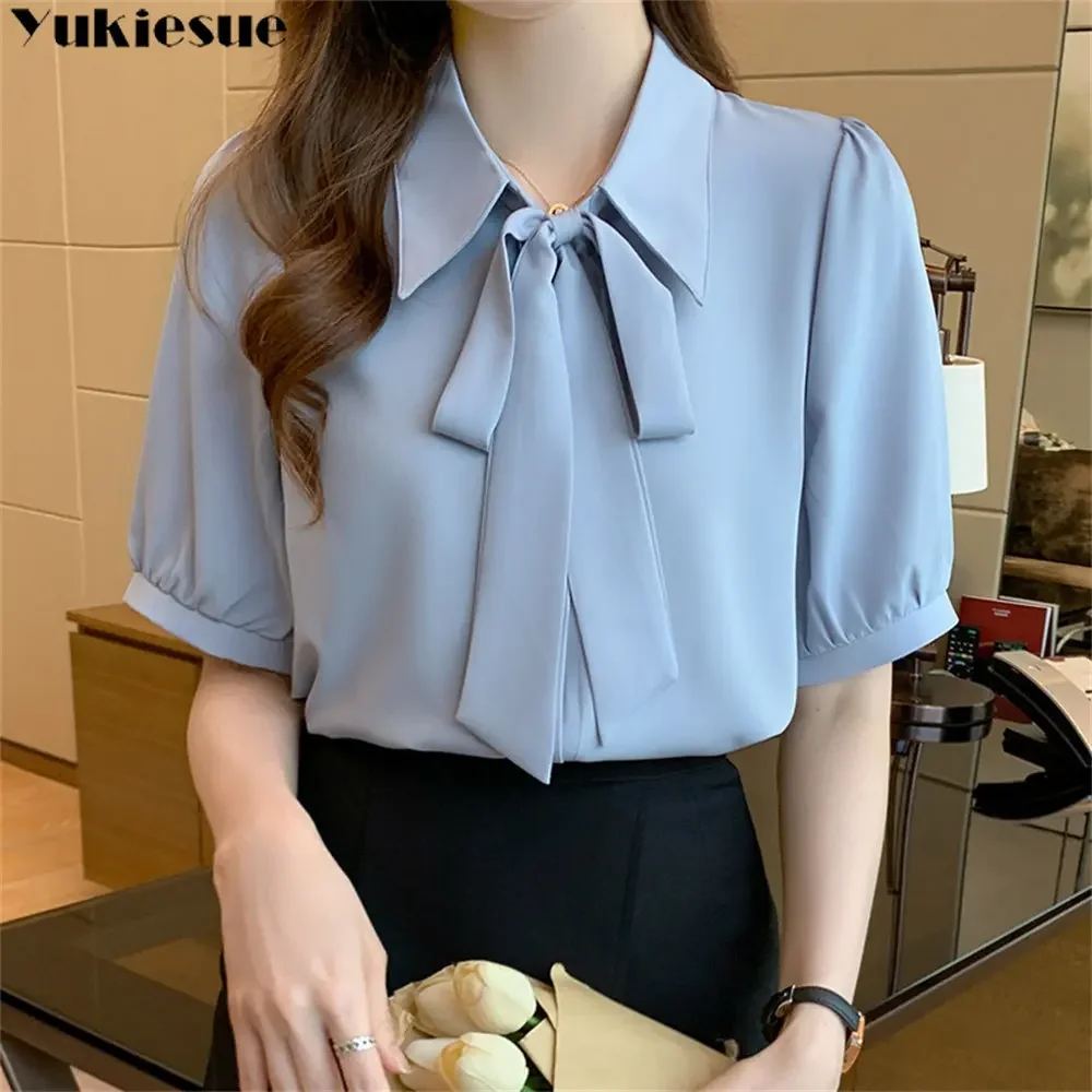 

Летняя корейская модная женская одежда с квадратным воротником, шифоновая женская блузка с бантом, женская элегантная рубашка с коротким рукавом