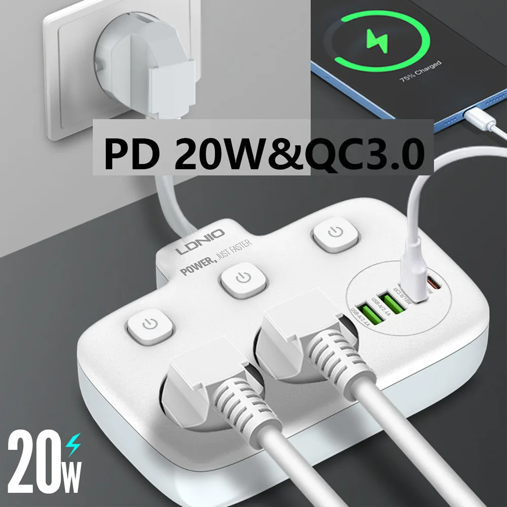 

EU Plug Power Strip 2 AD with 3 USB 1 Type-C Port Electrical Socket Universal Outlet PD QC3.0 20W Home Office Power Socket Strip