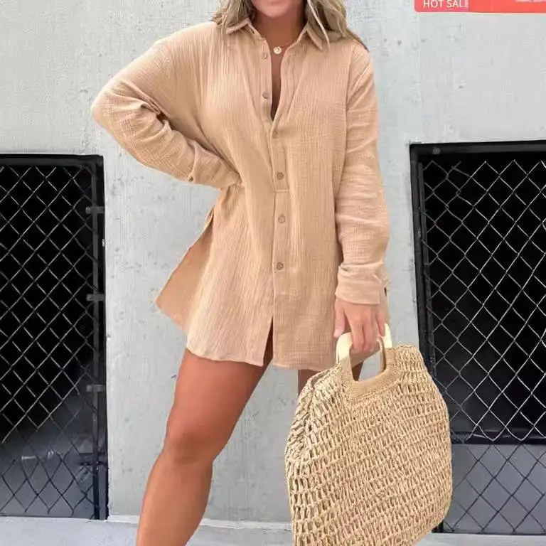 Ensemble de tissu froissé taille haute pour femmes, manches longues, irt, européen, été, Faion, couleur Pure, pour adultes, travail pour étudiants