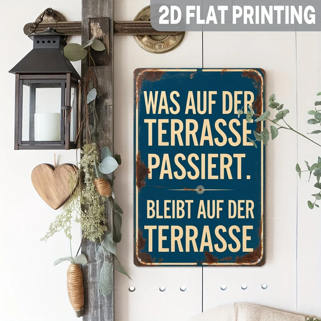 2D Flat, Fun German Terrace Motto Wooden Sign - Vintage Rustic Wood Craft Wall Decor, Featuring 