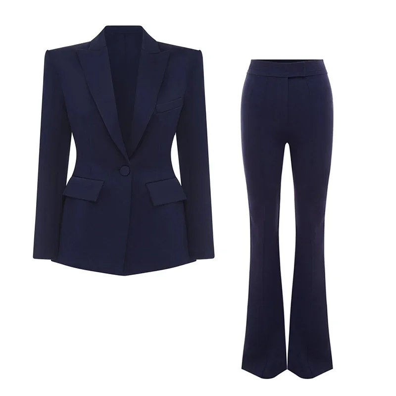 Pantsuit Suits Women Navy Blue Jacket Single Button Flare Pants Two Piece Sets Office Business Female Suit Outfits