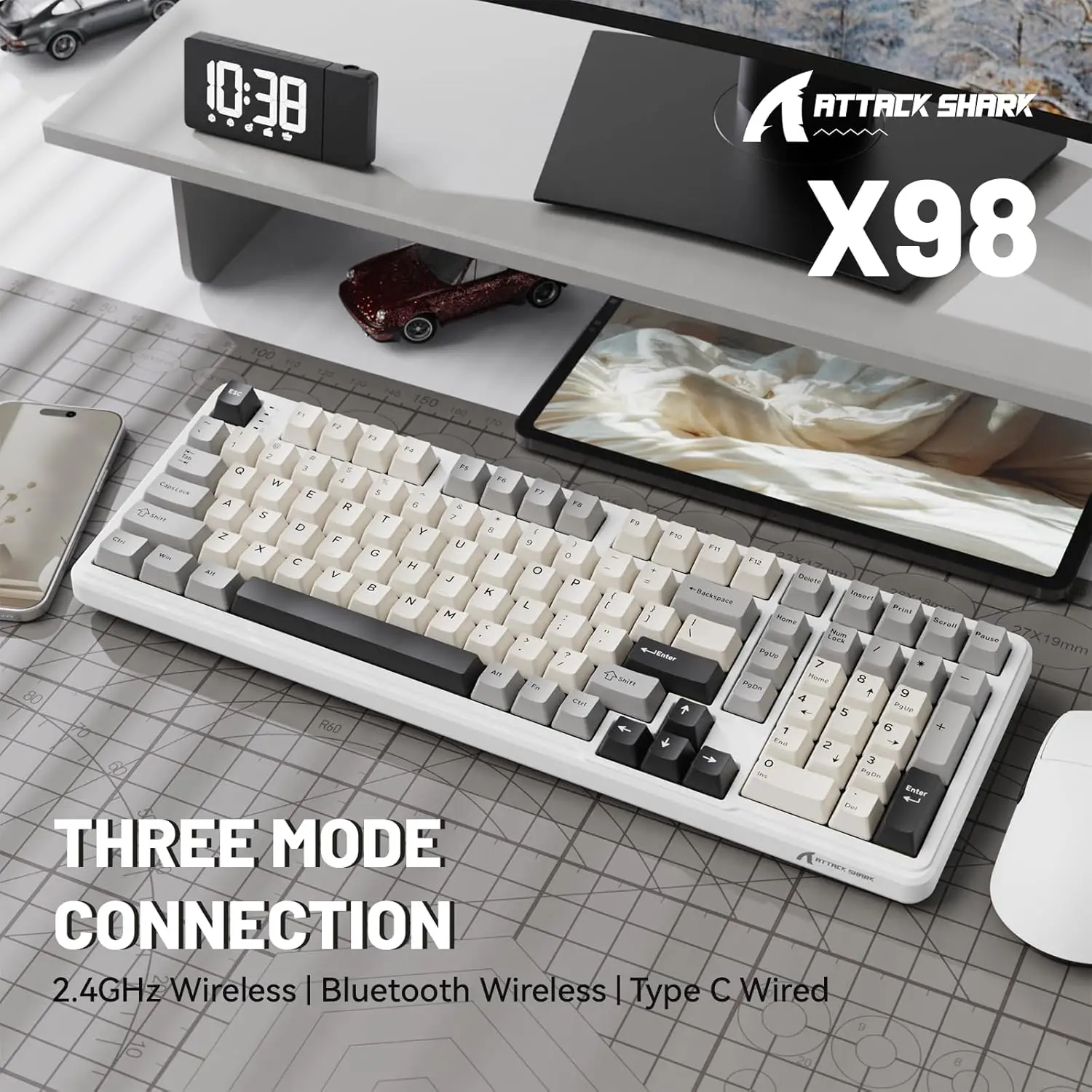 ATTACK SHARK X98 RGB Tastiera da gioco meccanica con 102 tasti, con tastiera numerica, wireless e USB-C cablata trimodale, 4000 mAh