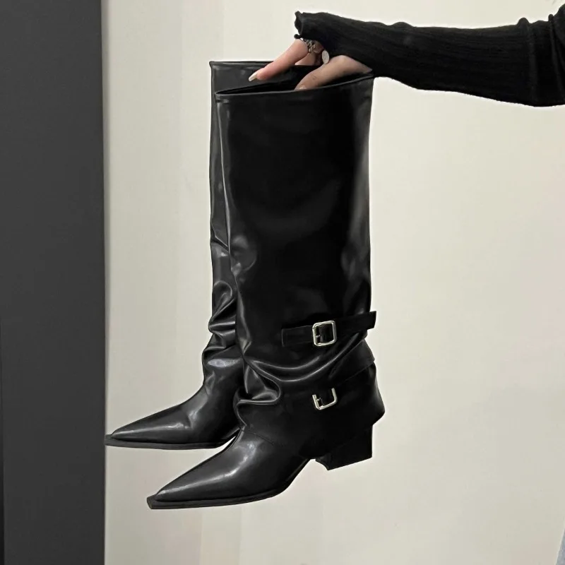 

Women's Knee-high Boots Sexy Pointed Toe Thick Heeled Leather Boot Retro Belt Buckle Gothic Boots Womens Knight Long Boots Botas