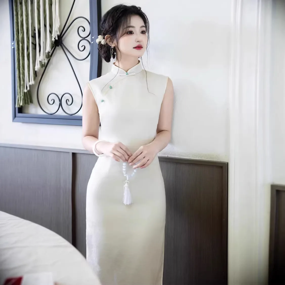 Yourqipao Summer Off-White Sleeveless Long Qipao Double-Layered Slim-Fit Qipao Chinese Style Evening Dress for Women