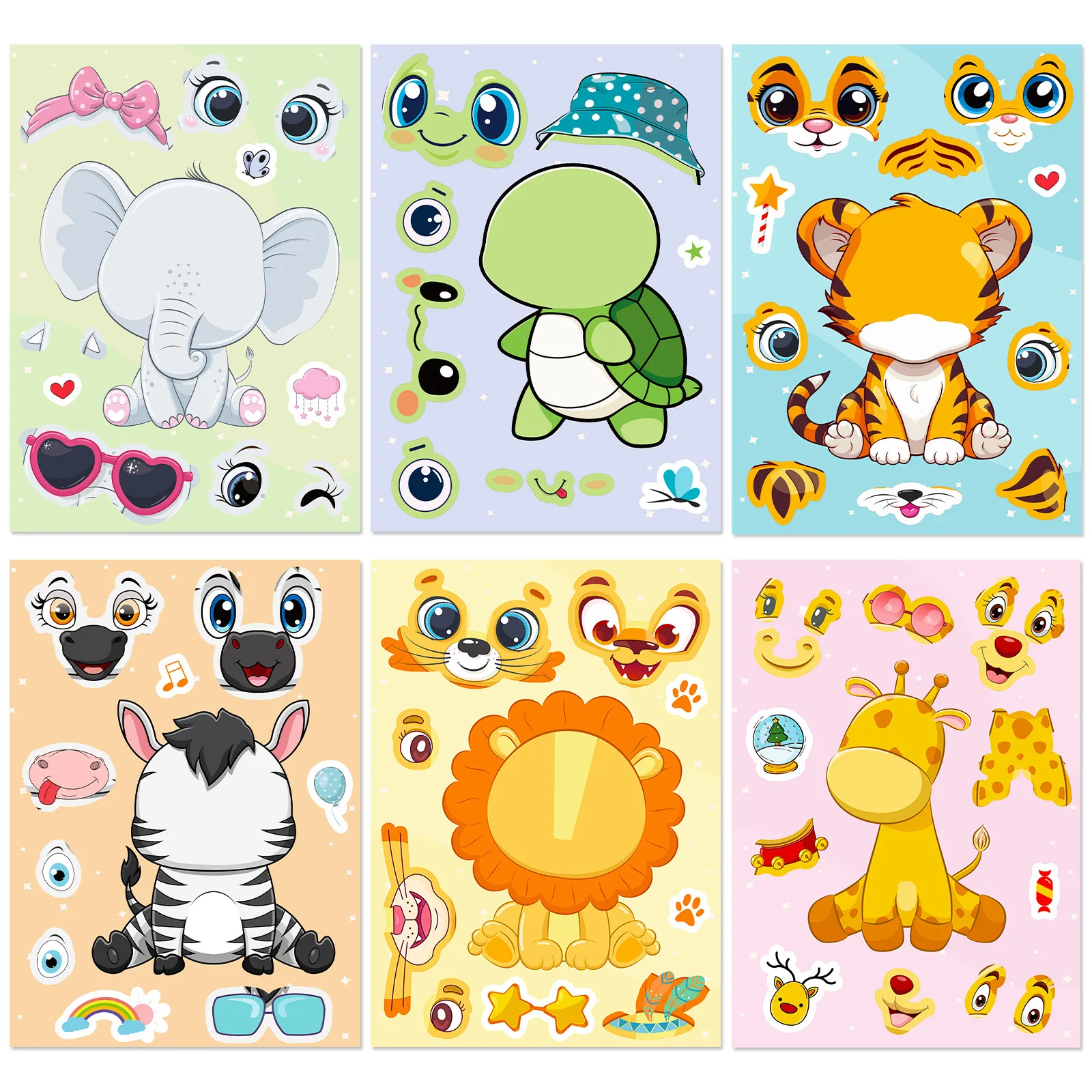 6Sheets Cute Children DIY Puzzle Sticker Games 6 Animals Make A Face Funny Assemble Jigsaw Stickers Kids Educational Toys