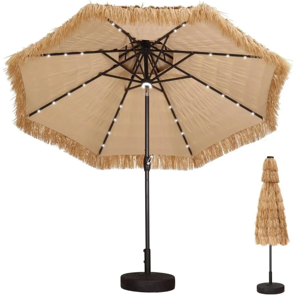 9ft 2-Tier Patio Umbrella with Solar Led Light Thatch Beach Umbrella Outdoor Umbrella Straw with Crank for Patio, Pool, and Beac