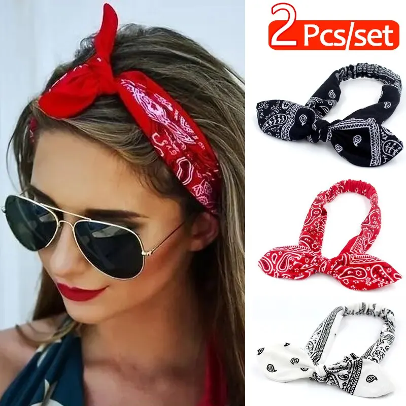 2 Pcs Printed Rabbit Ear Knotted Hair Band With Cashew Nut Printed Fabric Cross Elastic Headband Headwear