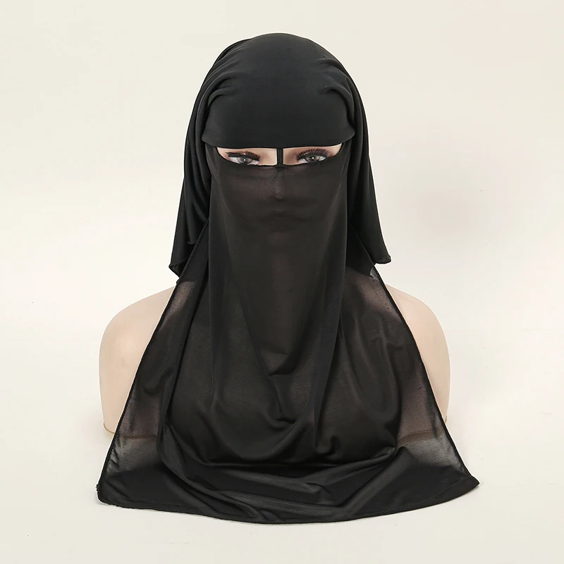 Czarny nikab Pokrowiec na twarz dla kobiet Muzułmański hidżab 3-warstwowy modlitwa Khimar Niqab Moda Pełna twarz Opaska na głowę Szalik 63 * 54 cm