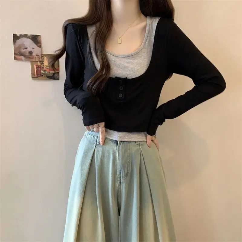 Fake Two Pieces Patchwork Pullovers Spring Autumn New Slim Fashion Button Female Clothing Contrasting Colors Long Sleeve T-shirt