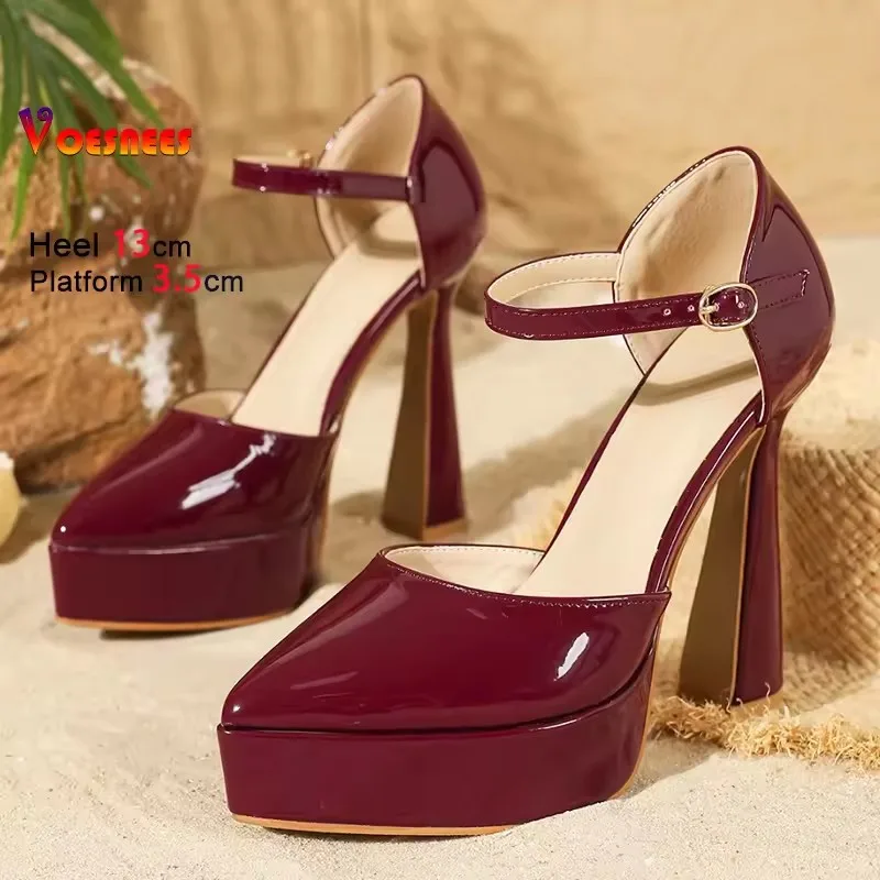 براءات الاختراع والجلود الصنادل للنساء منصة سميكة 13 سنتيمتر الصيف حفلة عالية الكعب في الهواء الطلق بلون وأشار أحذية سيدة أنيقة