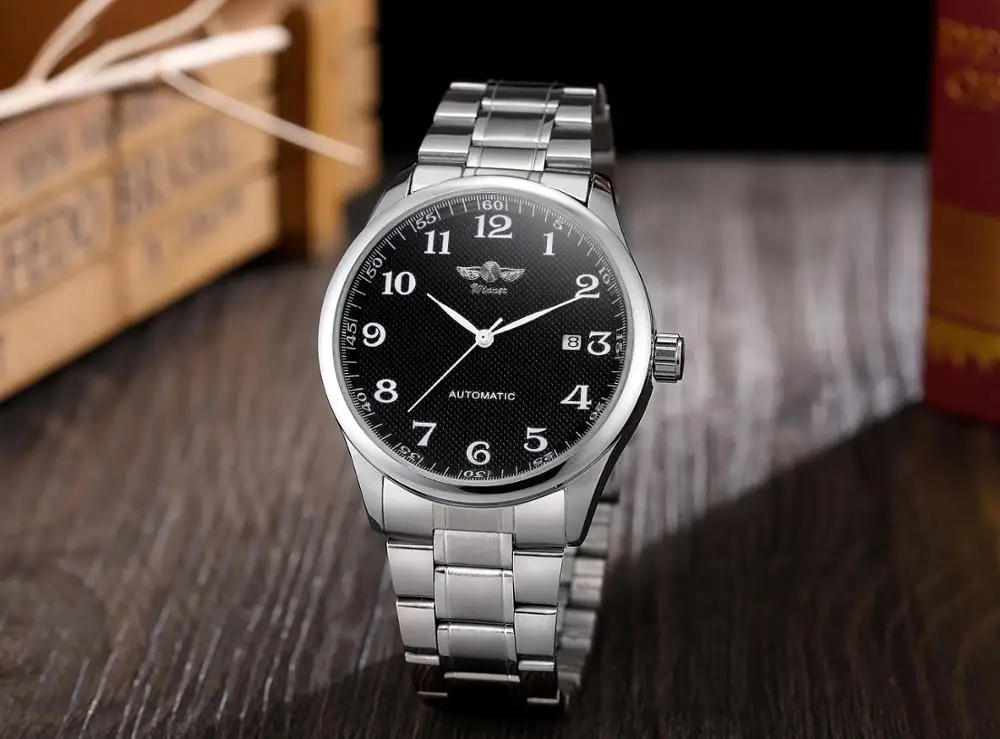 Fashion Winner Brand Simple Black Watches Date Display Silver Full Stainless Steel Business Men\'s Automatic Wrist Luxury Clock