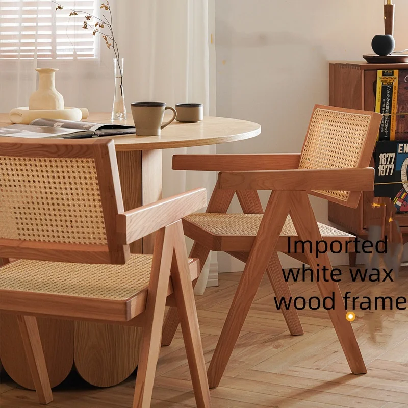Modern Solid Wood Upholstered Rattan Armchair with Cushion and Cane Back for Dining Room and Living Room