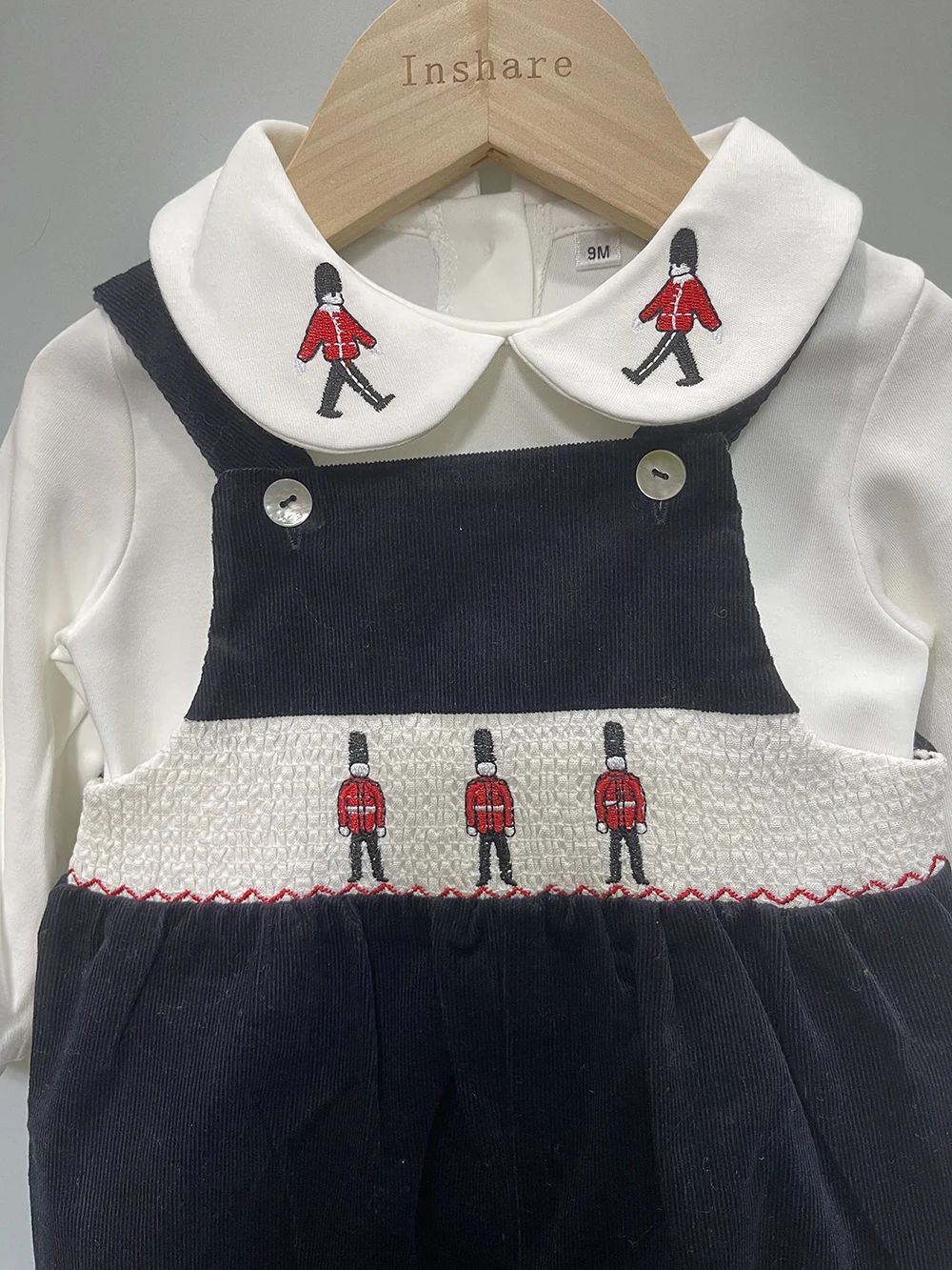 Baby Boy Christmas Set Suspenders Outfit Navy Blue Soldier Embroidered Corduroy Trousers British Jumpsuit Cut Children Boutique