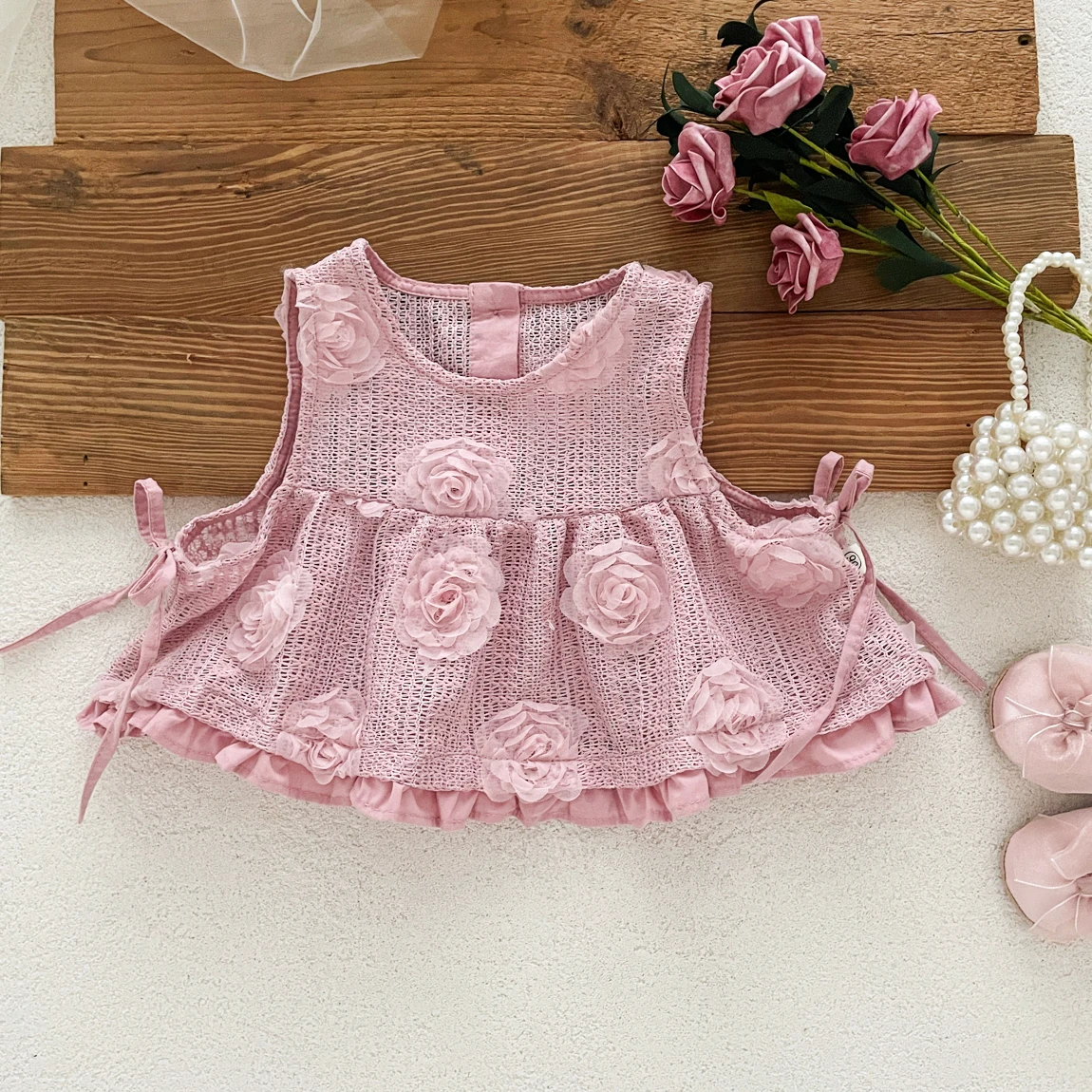 Autumn and Winter Baby Female Infant Korean-style Long Sleeve dress Rose Lace Vest Contrast Two-piece Suit