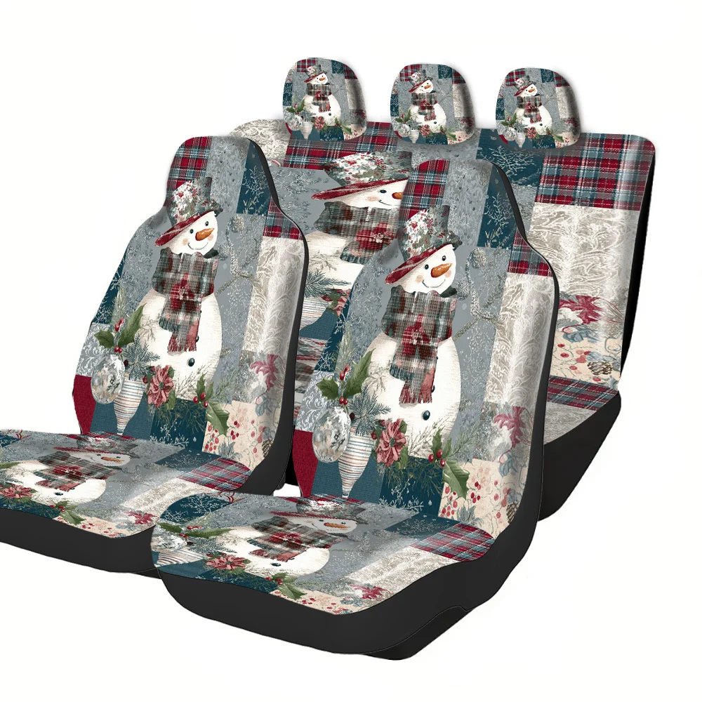 2-5 Seat Set Car Seat Covers, Designer Snowman Patchwork , Festive Halloween Christmas New Year Easter, Premium Truck SUV Off-ro