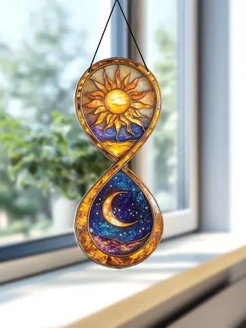 Boho Acrylic Sun Moon Hourglass Shaped Wall Hanging, Celestial Art Decor Pendant for Window, Living Room & Bedroom Unique Gifts