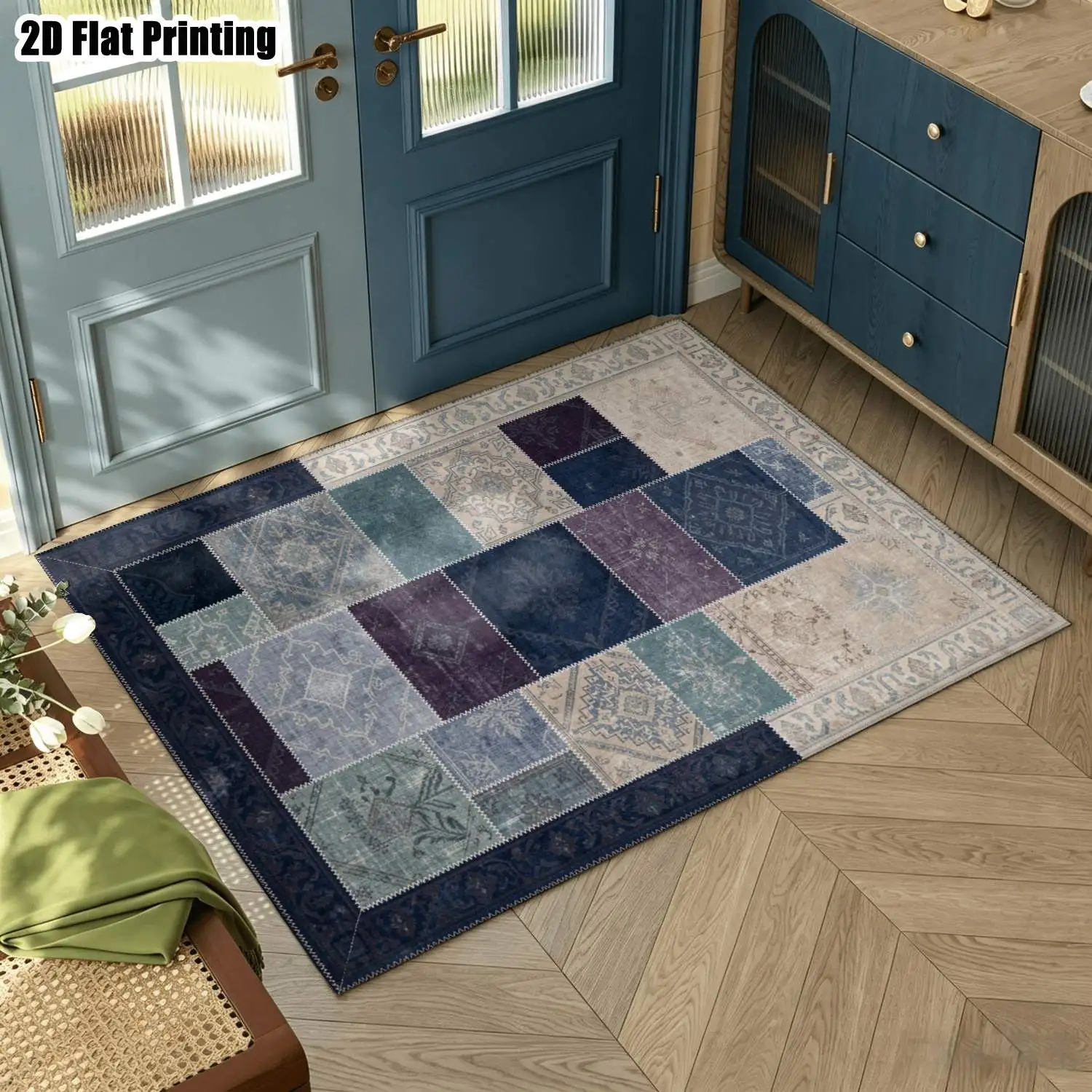 1Pc 2D Printed Retro Blue-Purple Geometric Patchwork Carpet, European/Bohemian Style, Home Decor, Multi-Size, Machine Washable, for Entrance, Dining, Foyer, Living Room, Bedroom