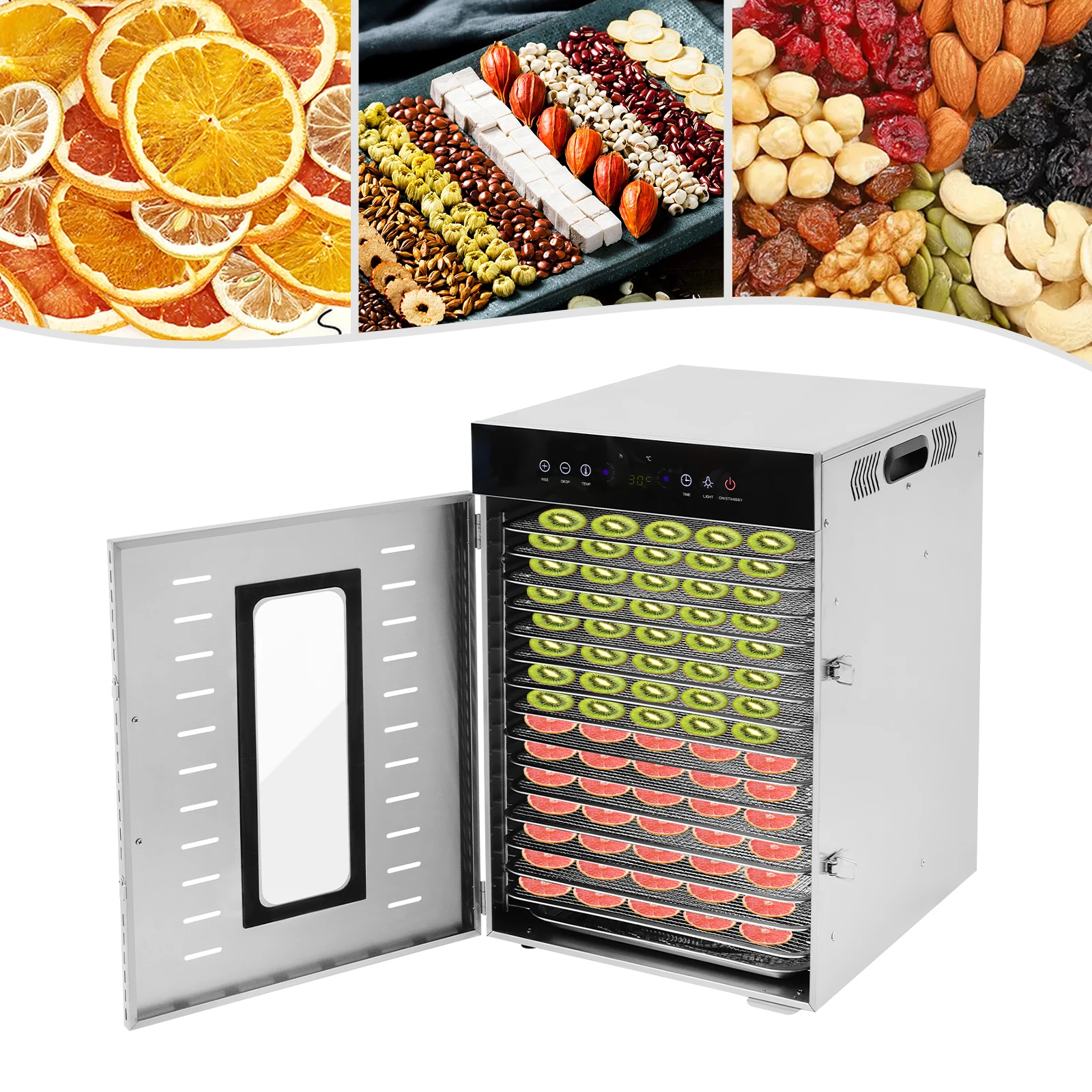 1350W Fruit Dehydrator 16 Trays Stainless Steel Fruit Dehydrator Machine 30-90℃ Temp Control for Snack Fruit Meat Herb Drying