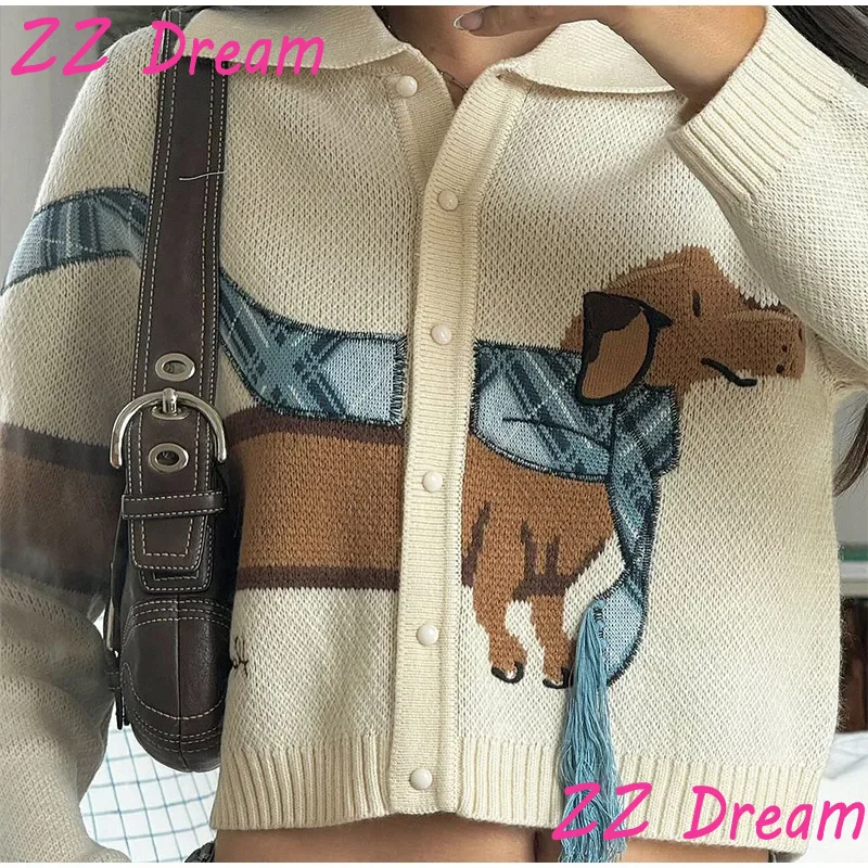 

Cute Dog Pattern Short Women's Sweater Cardigan Long Sleeve O-Neck Knitted Pullover 2025 Autumn Winter Lady Colorful Jumper Tops