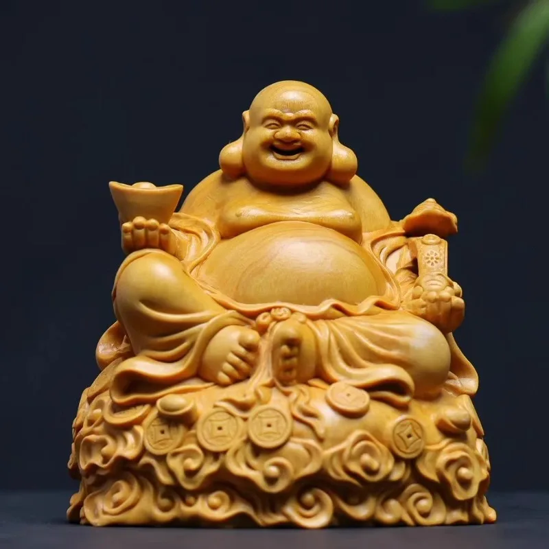 Natural Laughing Buddha Statue, Lucky Maitreya Monk Sculpture, Wood Carved Home Office Decor, Prosperity Gift