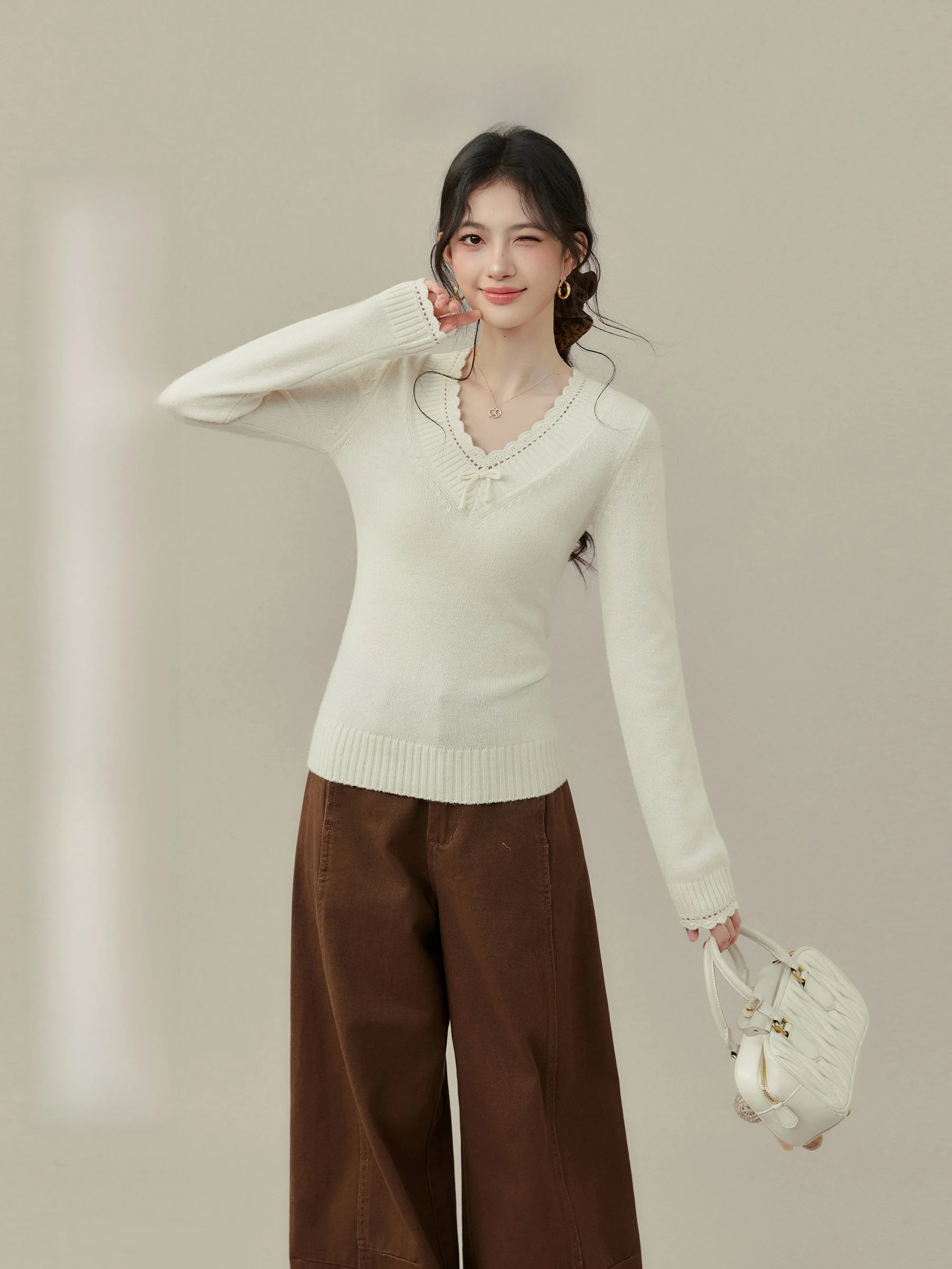 

Вязаный свитер Sweet Heart Miss Knot с V-образным вырезом и вырезами, женский, для ношения под одеждой, облегающий, с длинными рукавами, зимний, модный