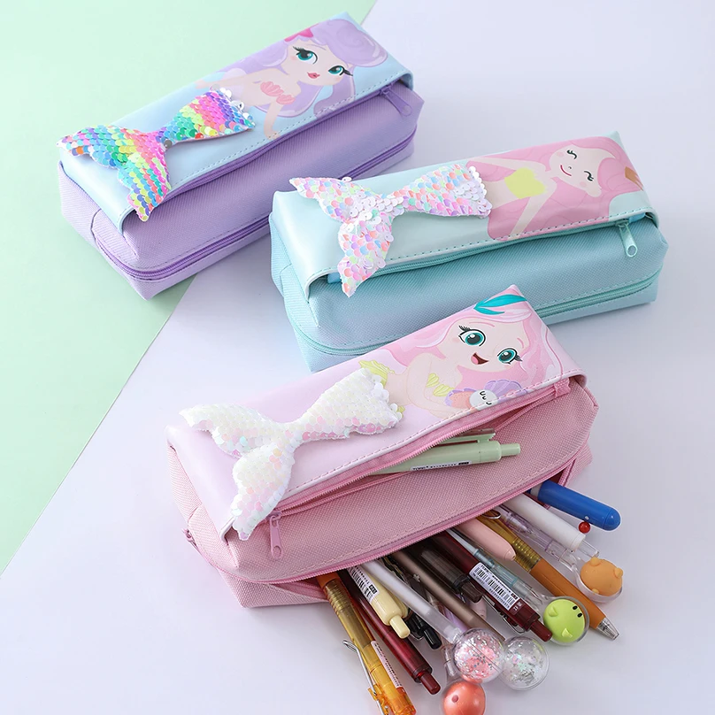 Estojo Sereia com Lantejoulas para Meninas, Bolsa de Lápis, Papelaria Kawaii, Material Escolar