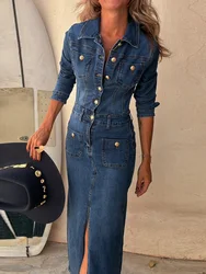 Denim Style Solid Patchwork Party Dress, Women Autumn Turn-Down Collar Simple Maxi Dress, 2025 Long Sleeve Fashion Ladies Dress