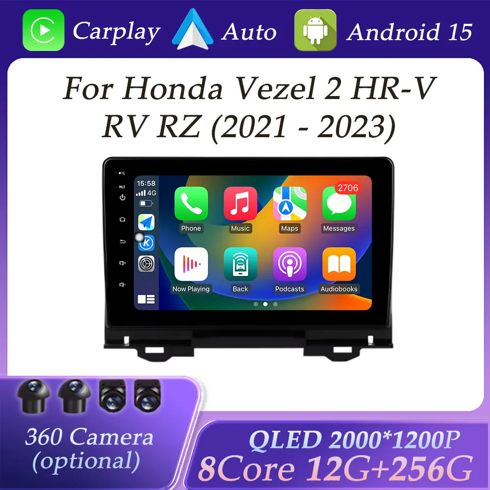 GPS Navi for Honda Vezel 2 HR-V RV RZ 2021 - 2023 QLED Screen Car Radio Multimedia Player Carplay DSP Stereo Split Screen WIFI