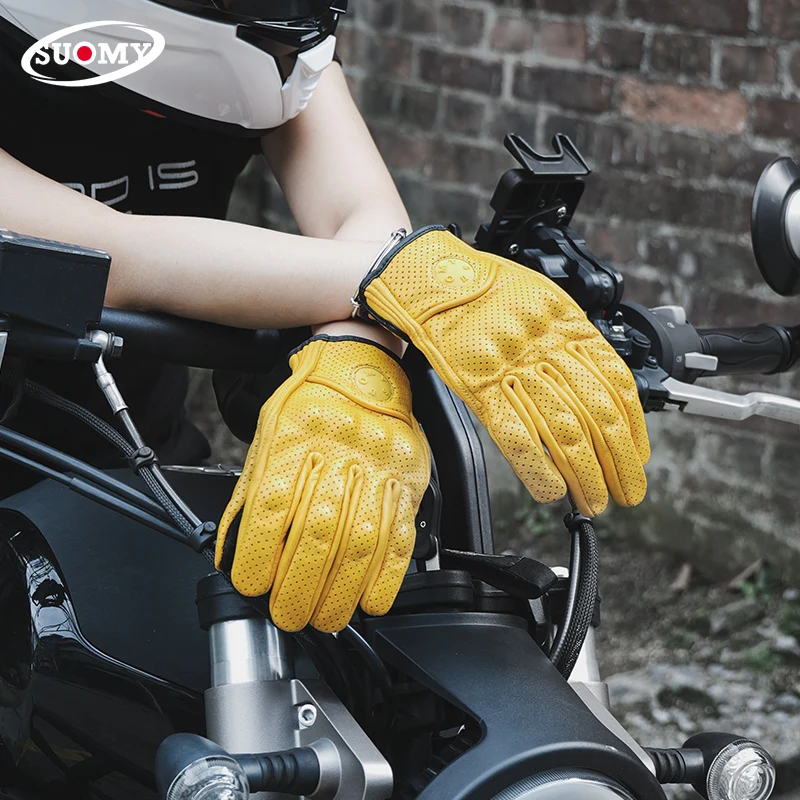 SUOMY New Design Motorcycle Leather Riding Gloves Summer Breathable Anti-Fall Touch Screen Retro Gloves