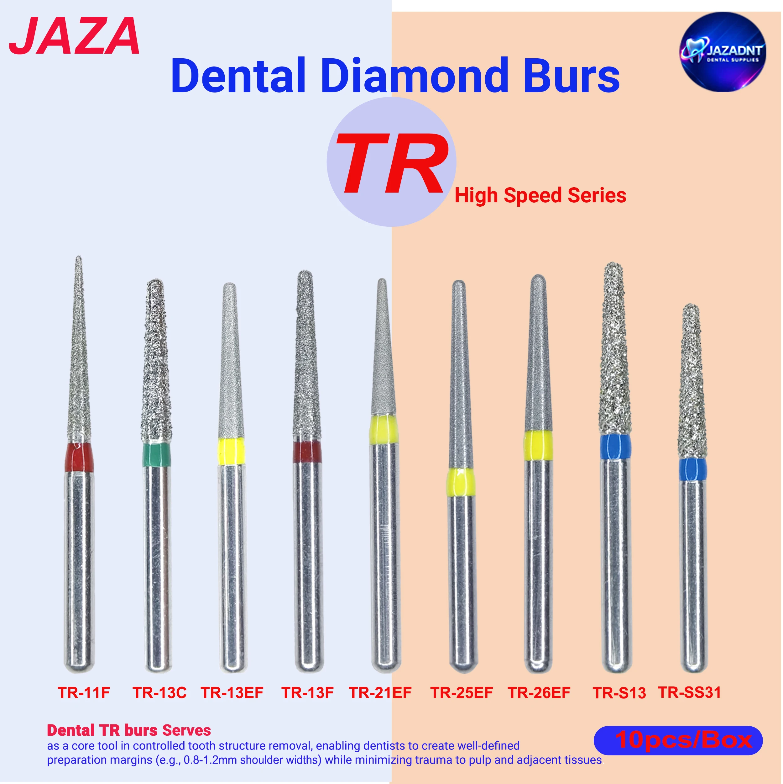 JAZA TR Series Dental Diamond Burs High Precision FG Shank for High Speed Handpiece Dental Cavity Preparation Polishing Dentist