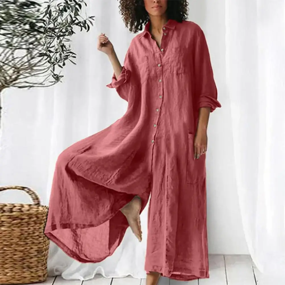 

Spring Button Lapel Shirts Long Sleeve Jumpsuit Women Retro Solid Loose Cotton Playsuit Summer High Waist Wide Leg Pants Overall