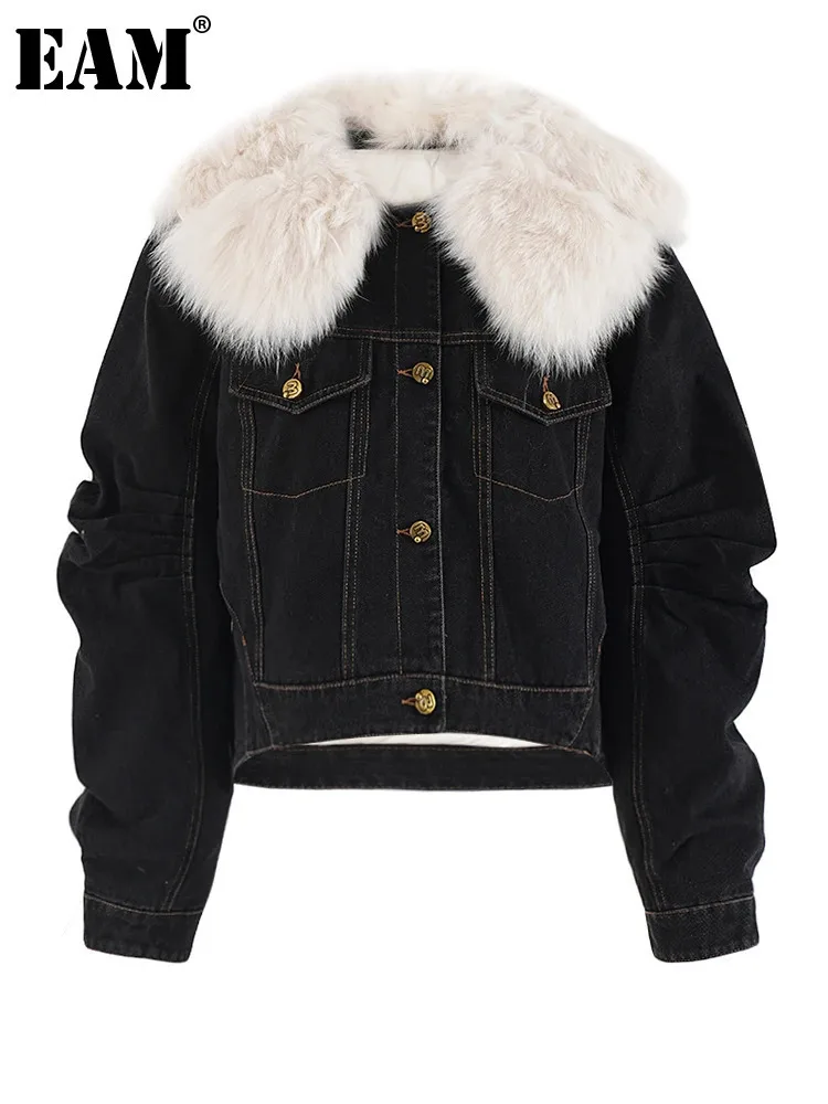 [EAM] Black Denim Thick Warm Big Size Faux Fur Jacket New Lapel Long Sleeve Women Coat Fashion Tide Autumn Winter 2024 CPG2448