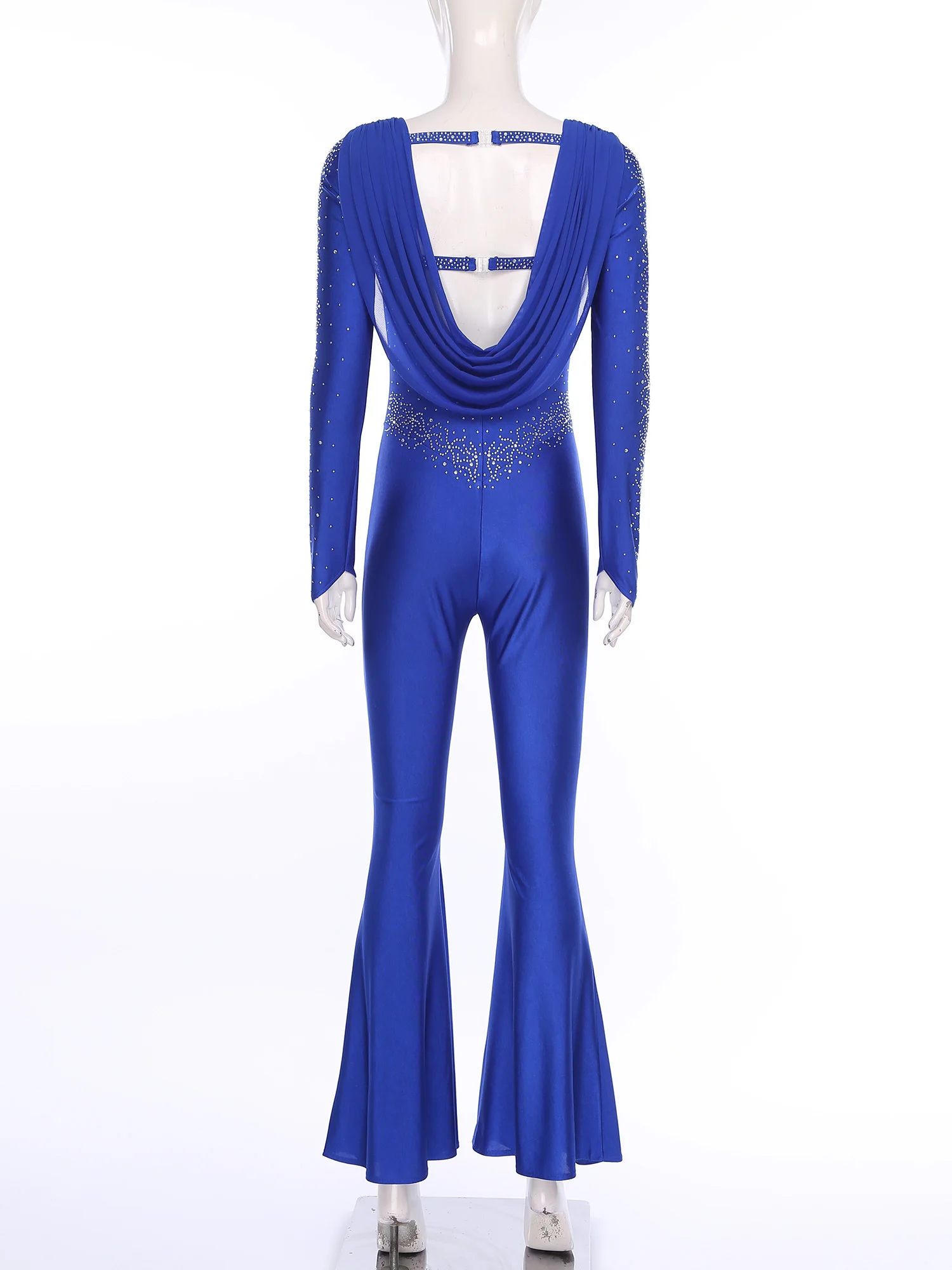 ผู้หญิง Rhinestone ละตินยิมนาสติกเต้นรํา Rompers แขนยาวตาข่ายยาวกางเกง Jumpsuit Cha-cha Dancewear