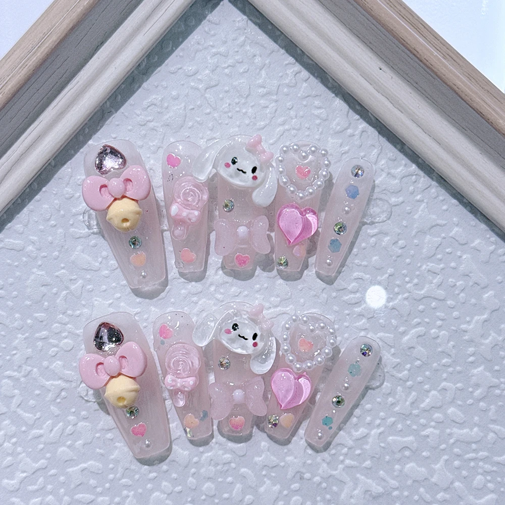 Kawaii Elegance Wearable Press on Nails Hello Kitty Cinnamoroll 3D Cartoon Flashing Rhinestone Transparent Pink Nude Nail Tips