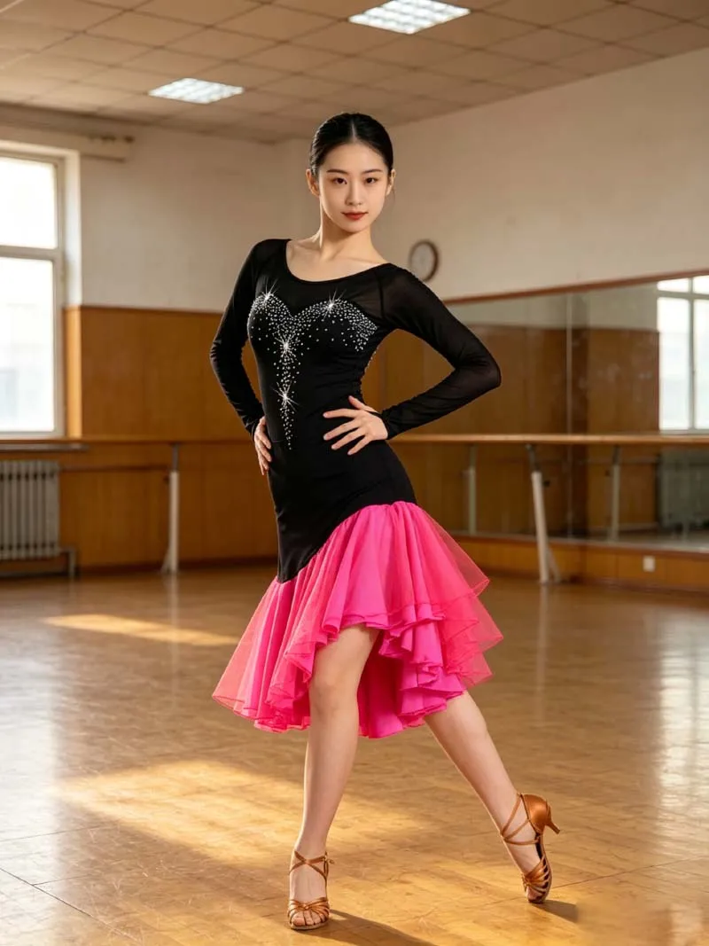 Long Sleeve Latin Competition Dance Skirt Women New Professional Samba Latin Dancing Wear Lady's Red Rumba Latin Dress