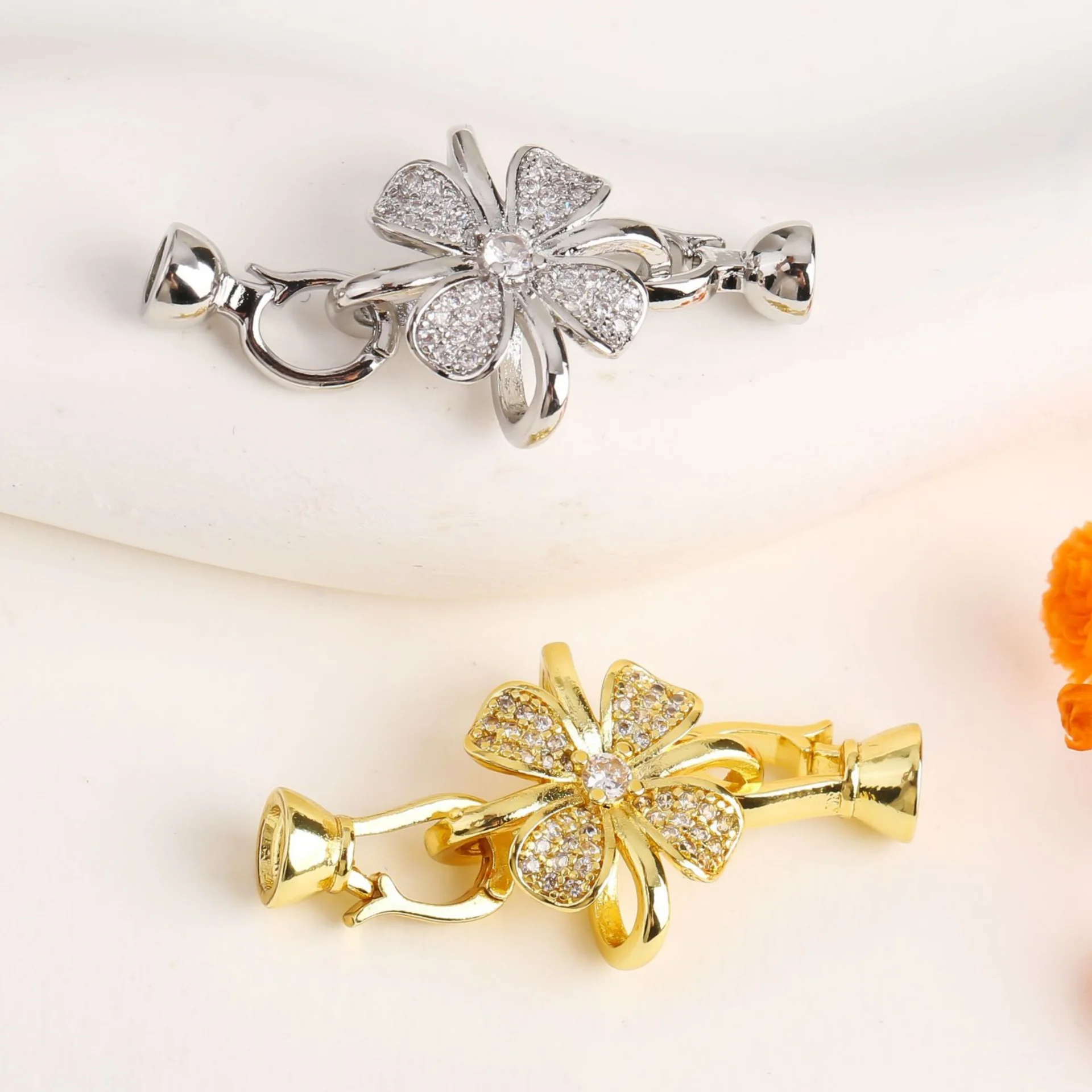 

18K Copper Gold Plated Jewelry Flower Connector Buckle Accessories DIY Necklace Bracelet Pearl Chain Making Materials Wholesale