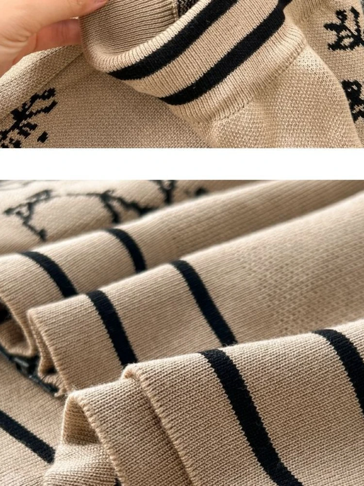 Women Vintage Knitted Sweater Two-piece Set Autumn Winter Printed Hooded Sweater Top High Waisted Wide Leg Pants Casual Suits