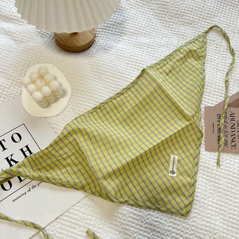 

2025 корейский клетчатый треугольный шарф из хлопка и льна, женский весенний универсальный модный маленький шарф, декоративный милый шарф
