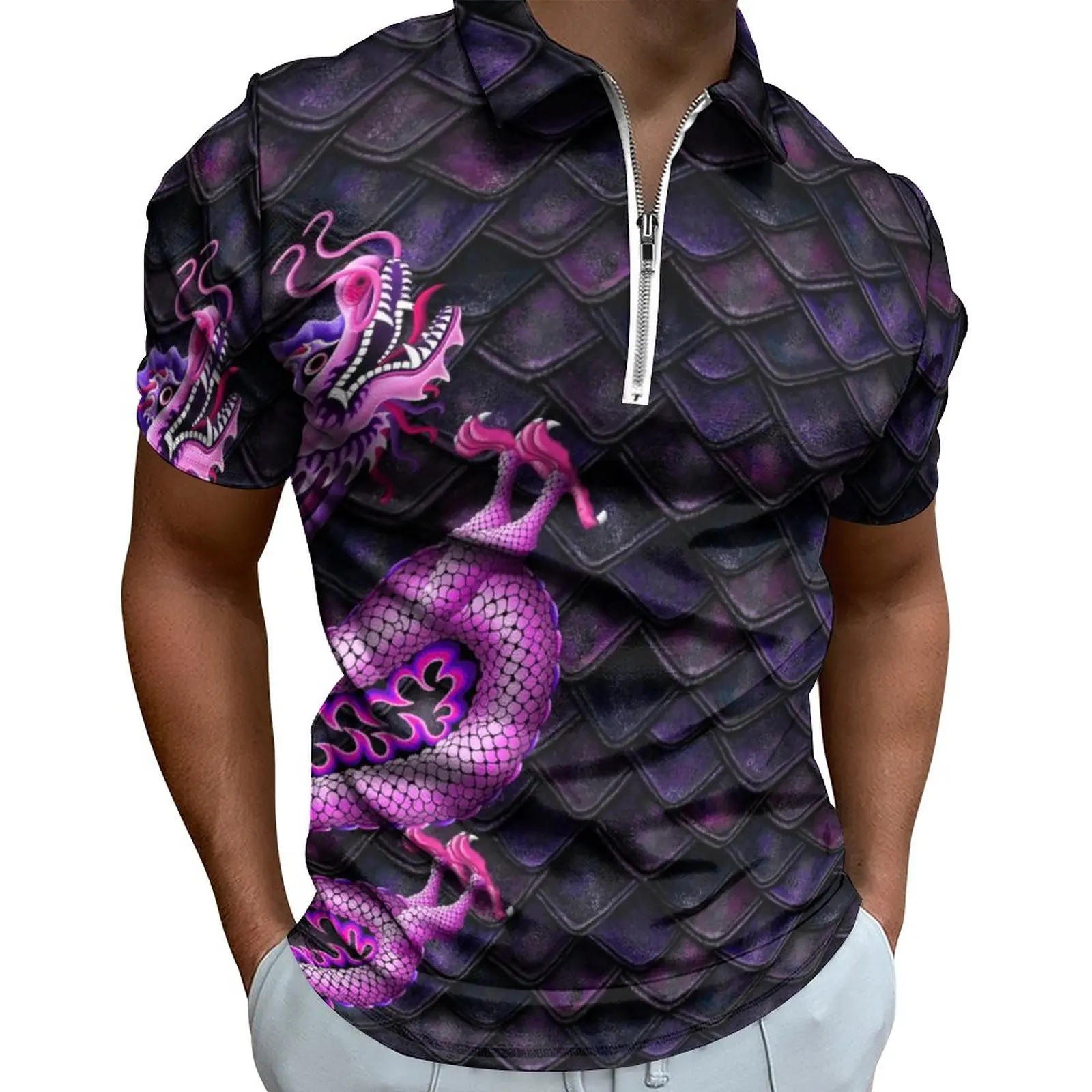 Pink Dragon Casual T-Shirts Dragon Scales Print Polo Shirts Collar Fashion Shirt Men Custom Top Plus Size 5XL 6XL