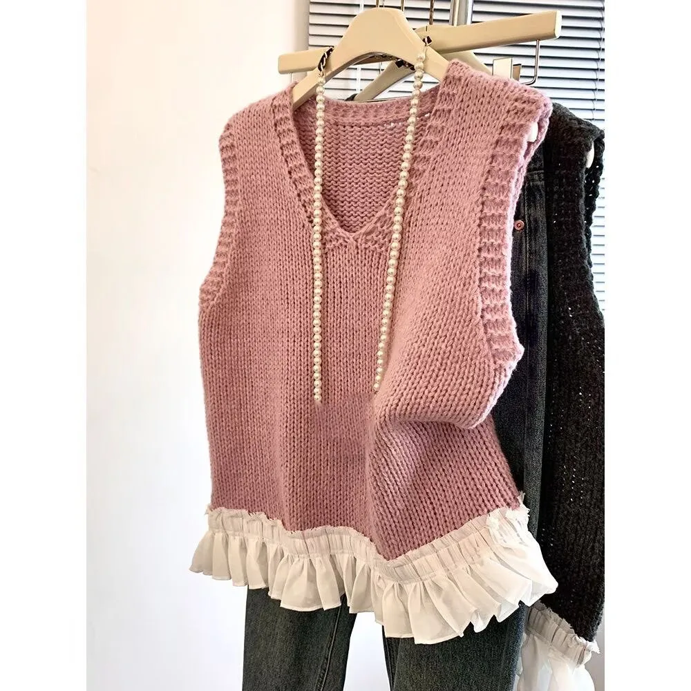2026年春秋新作 韓国ファッション ベスト フリルニットブラウス＆トップス レディース セーターベスト レディース服 ベーストップス