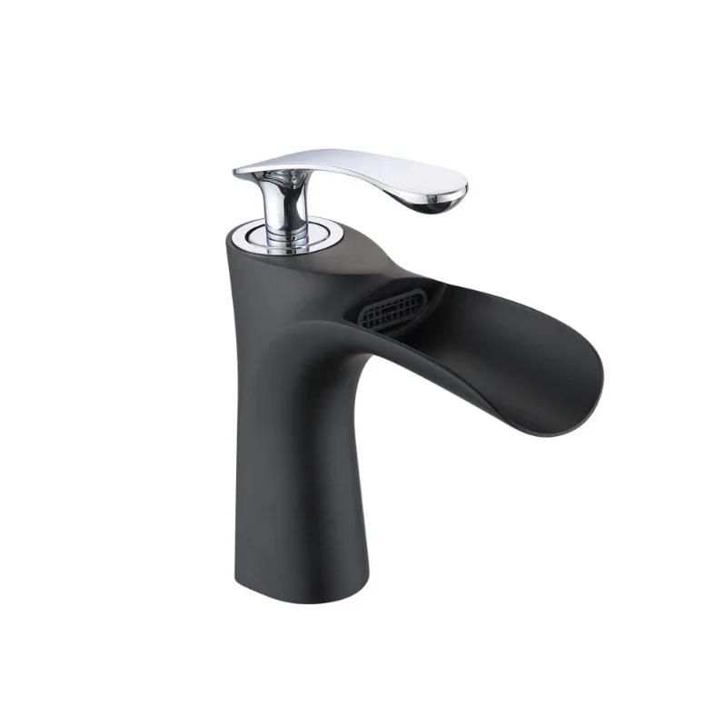 

Modern Brass Single Hole Waterfall Basin Hot and Cold Faucet, Painted Platinum Black Washbasin Mixed