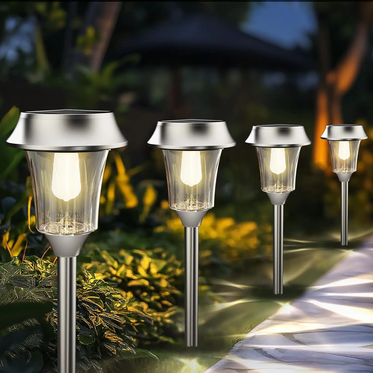 

Solar Lights Outdoor 4 Pack, IP65 Waterproof, Dimmable Glass Pathway Lights for Yard Garden Lawn (Warm White)