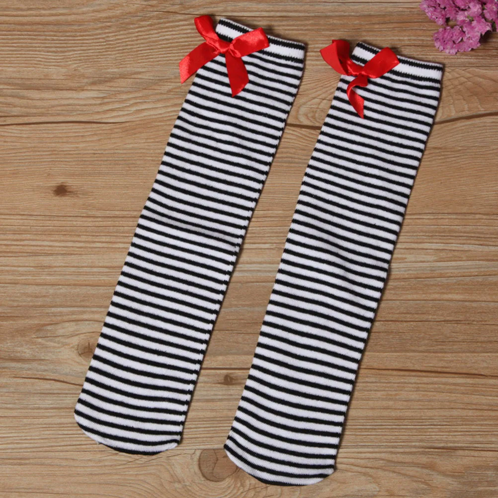

1 Pair Butterfly Knot Long Black White Premium Cotton Over The Knee High Socks For Girls 1-8 Years Striped Stocking Kids Thigh