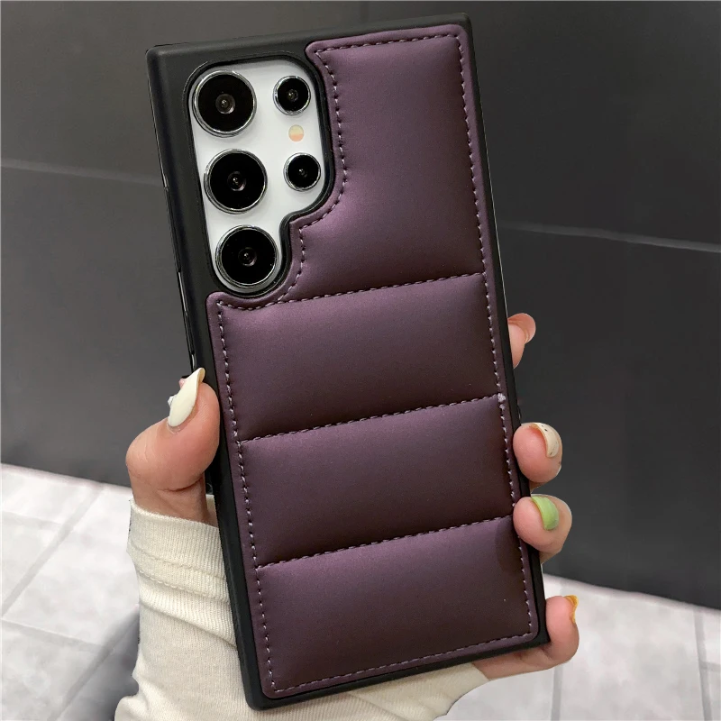 

Down Jacket Soft Silicone Fabric Phone Case For Samsung Galaxy S24 S23 S22 Plus Ultra Solid Color Shockproof Wave Puffer Cover
