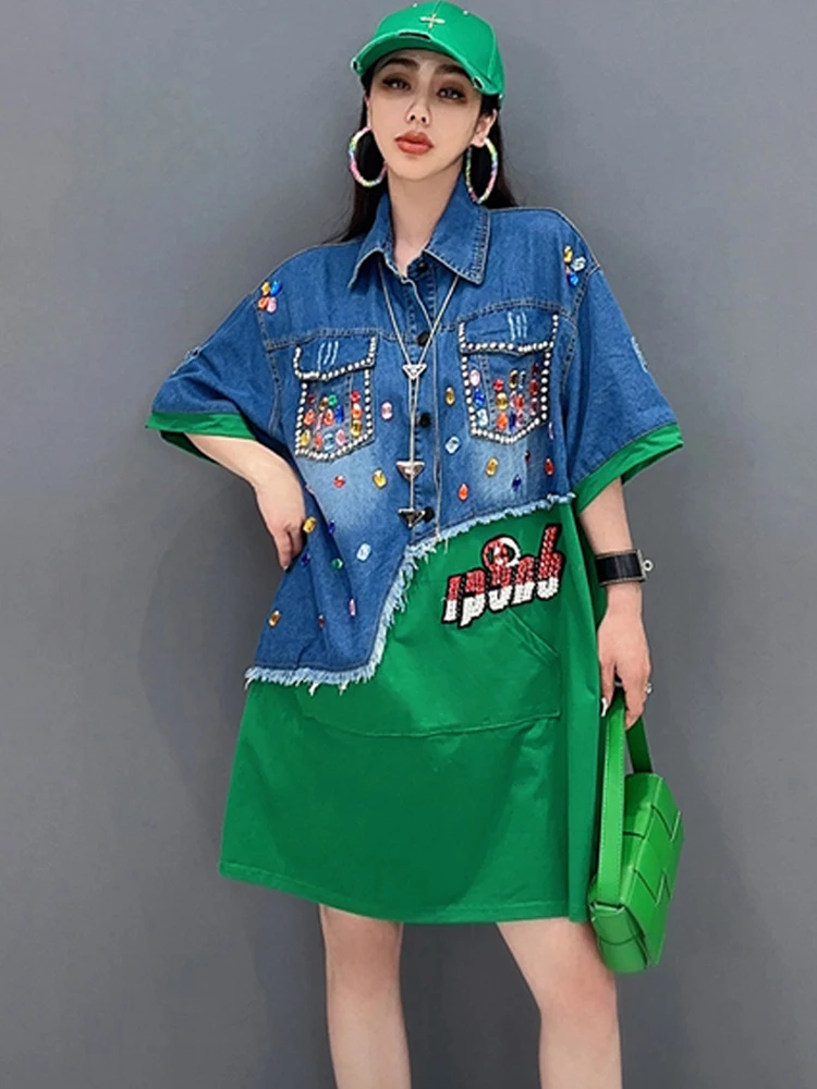 Vefadisa 2024 Summer New Denim Dress Spliced Embroidered Nail Diamond Short Sleeve Casual Loose Size Women\'s Wear WXY115
