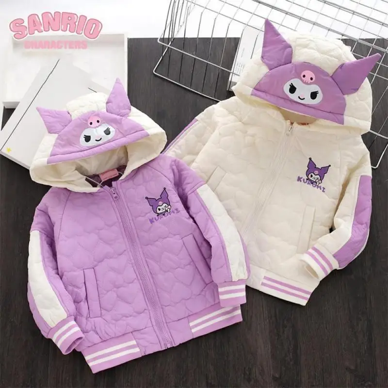 

Sanrio Kuromi Children Hooded Coat Keep Warm Cotton Clothes Anime Cotton Coat Short Style Plus Velvet Comfortable Kawaii Cartoon